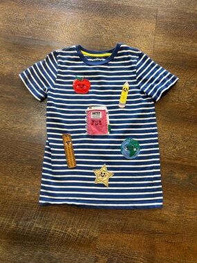 Mini Boden Navy & White Striped Tee with Colorful School Patches